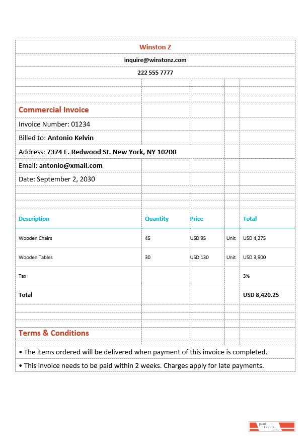 Sample Commercial Invoice Template PSD template